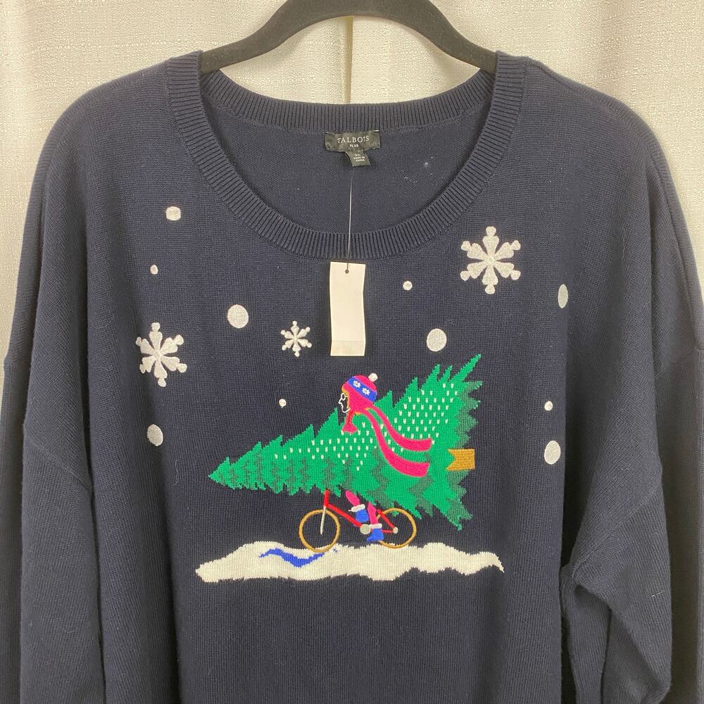 Talbots Dark Navy Blue Holiday Tree&Snowflake Crewneck Sweater Sz.2X NWT - Picture 3 of 13
